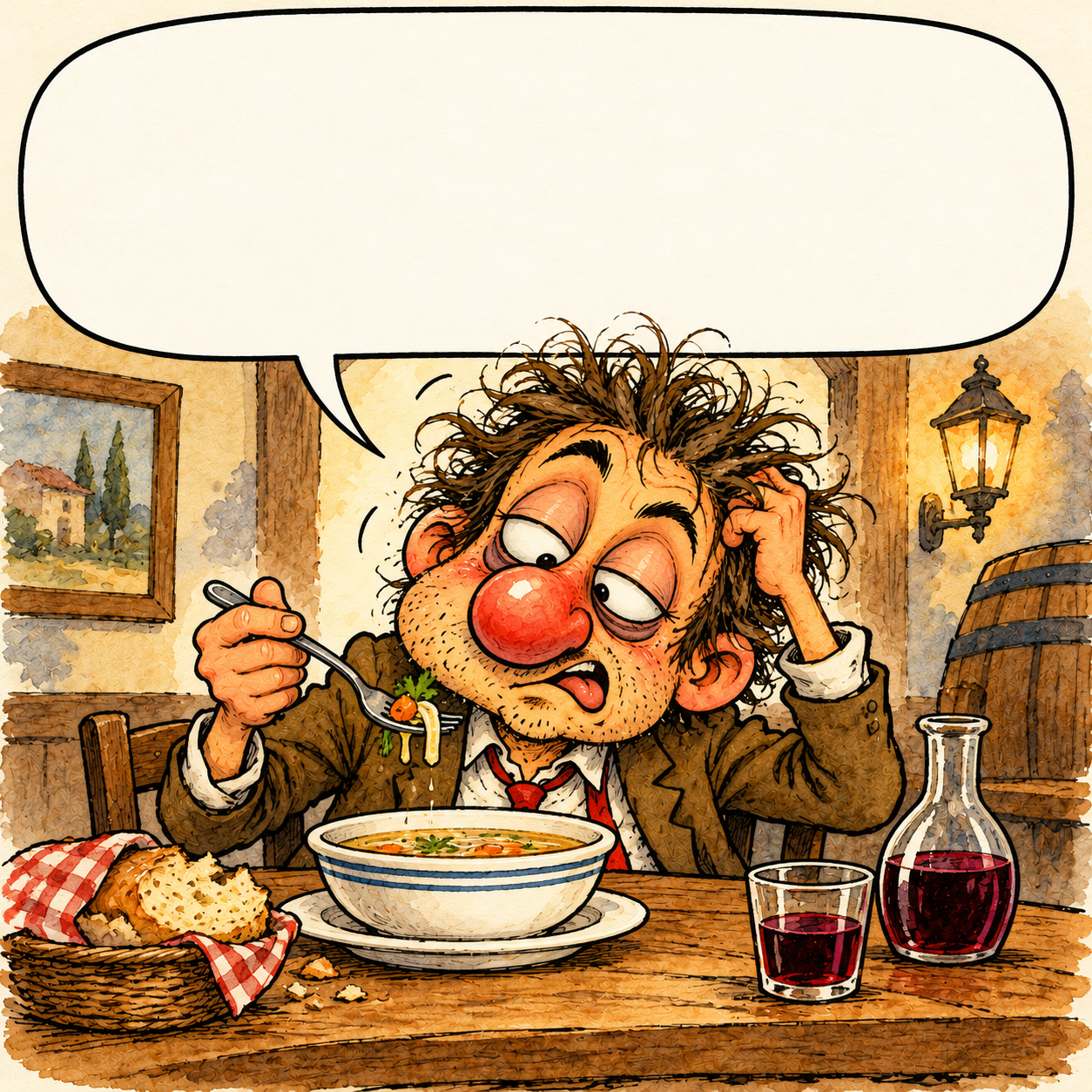 This soup keeps slipping through my fingers. And my fork.