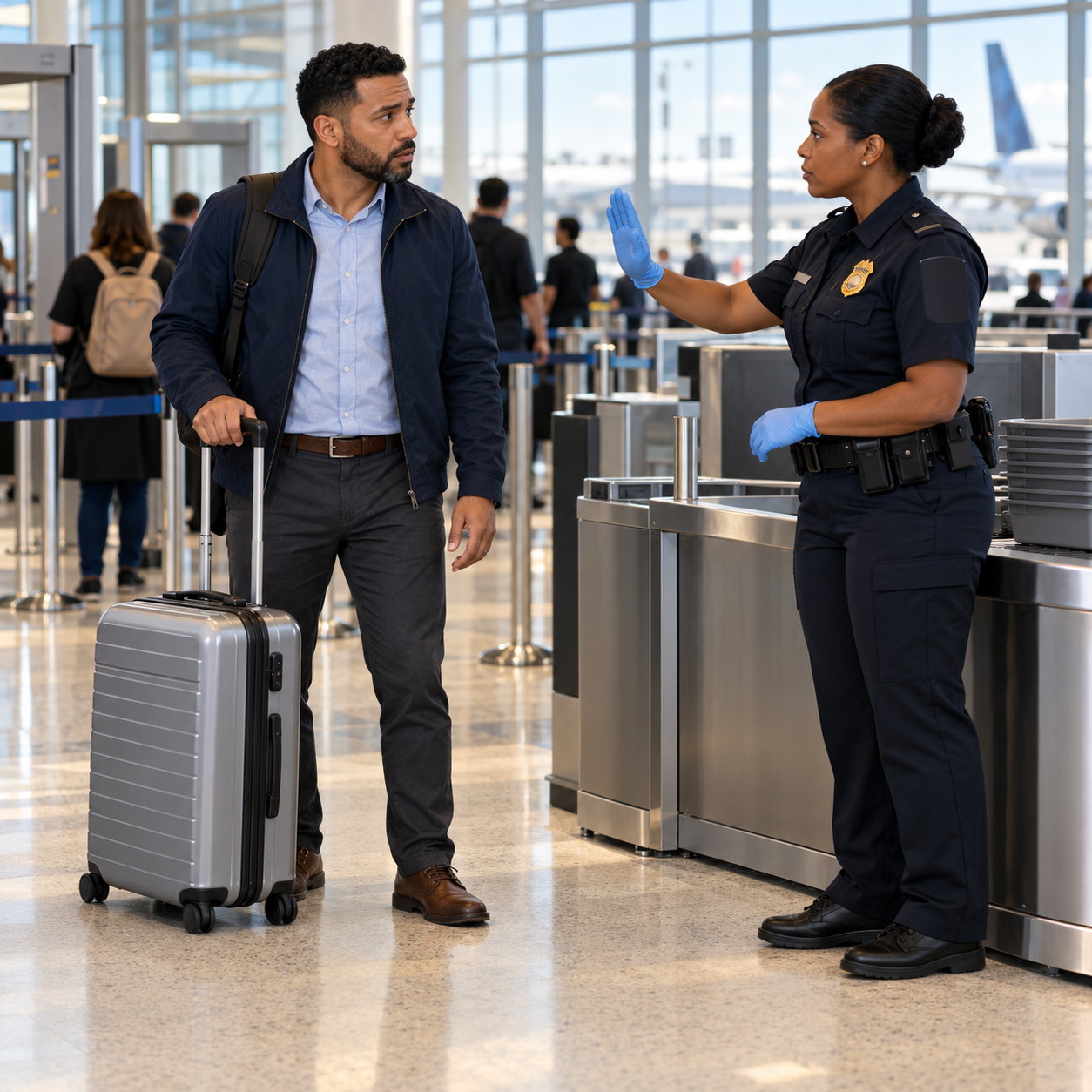 En el aeropuerto, una agente de aduanas detuvo a un viajero justo antes de su vuelo internacional.