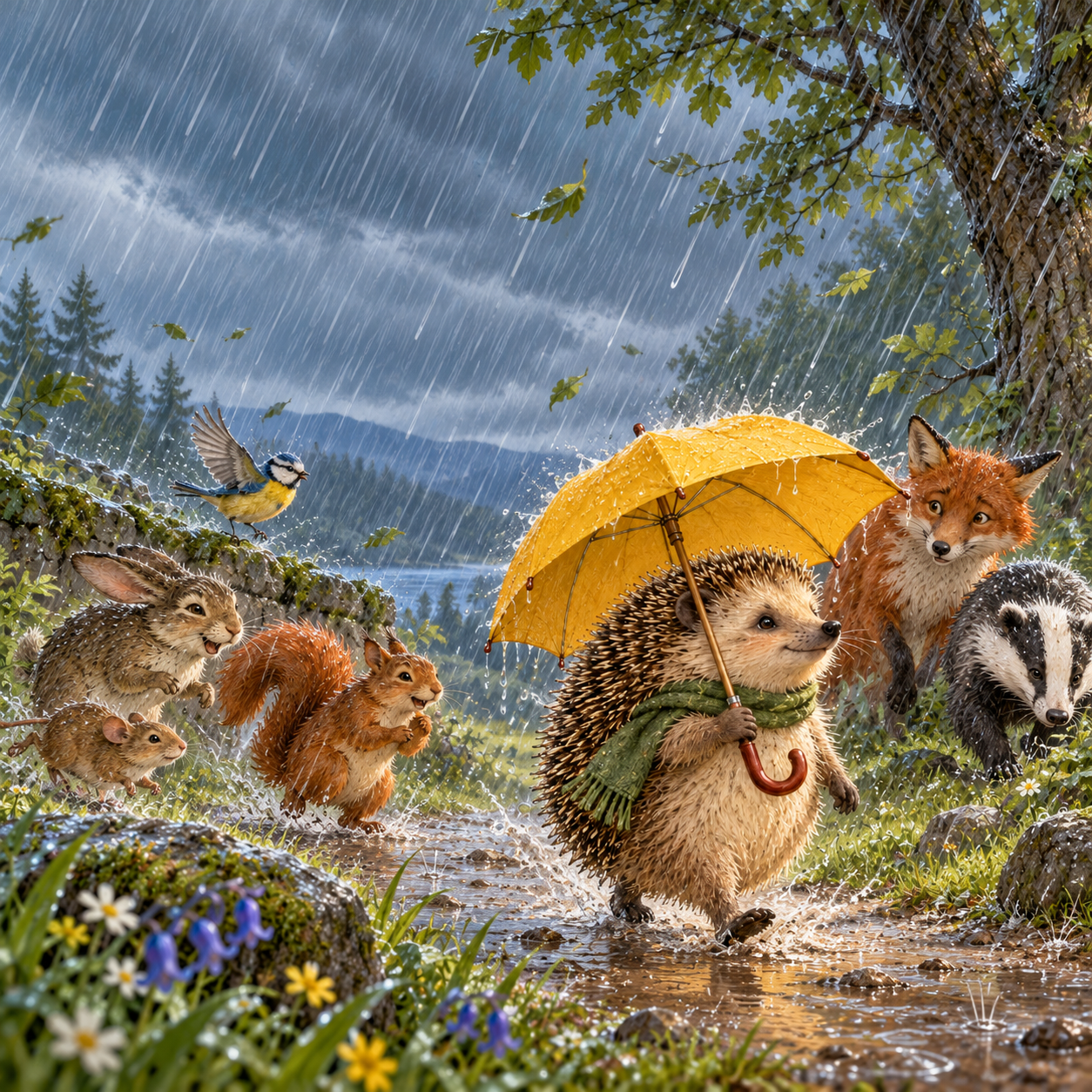 One afternoon, a storm arrived without warning. Everyone ran for cover.
