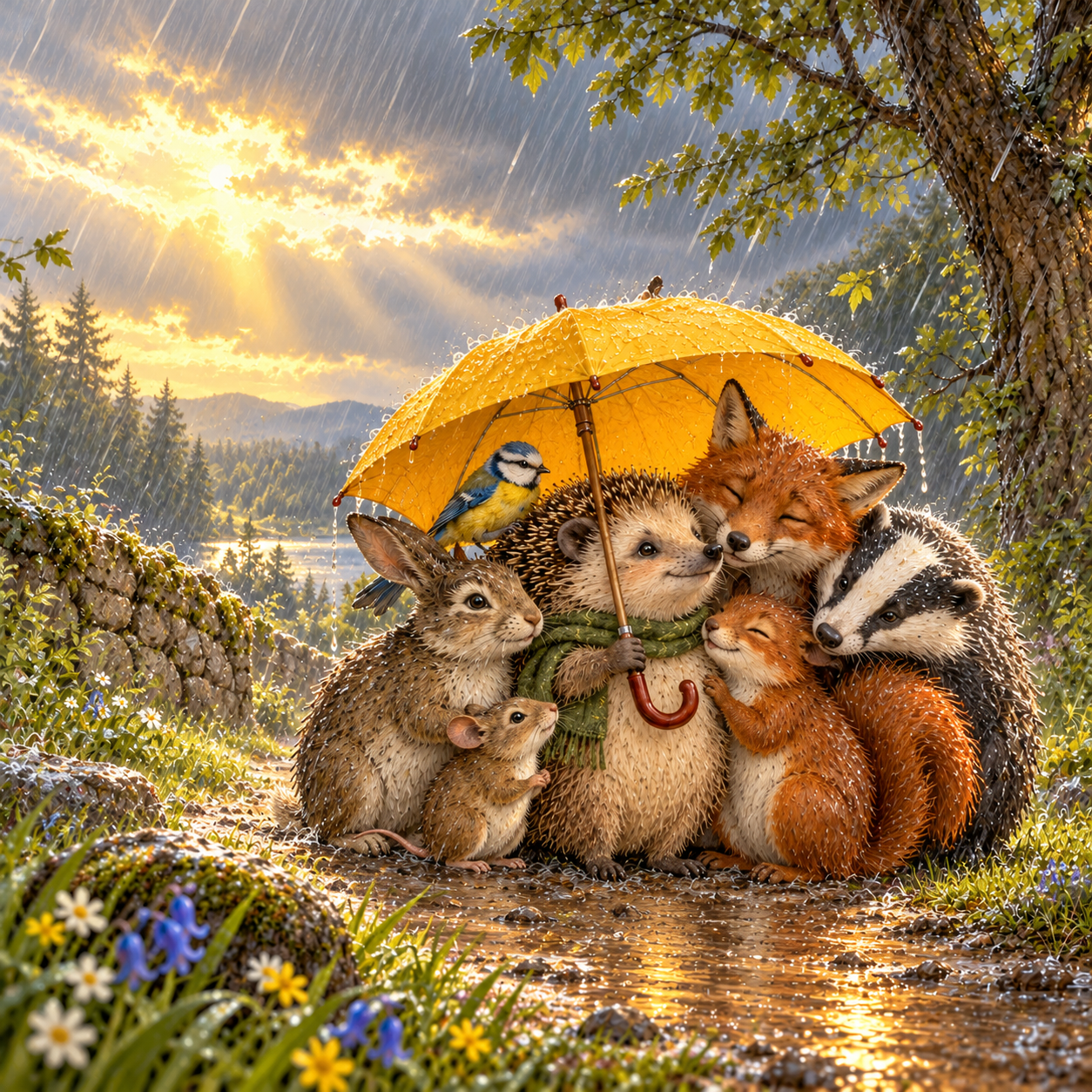 The hedgehog quietly shared his umbrella with six of them. Moral: Being prepared is a way of caring for others.