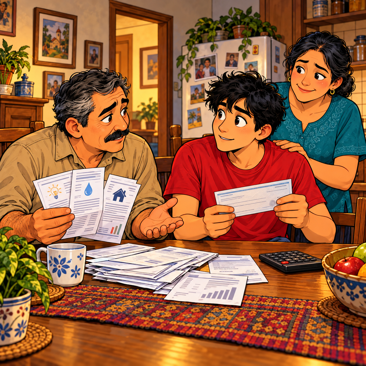 Joaquín received his first paycheck. His father asked him to help with the household expenses.