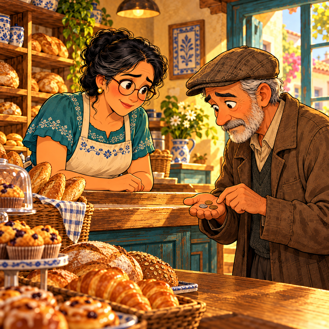 An elderly man counted his coins at the bakery. Elena saw he could barely afford one roll.