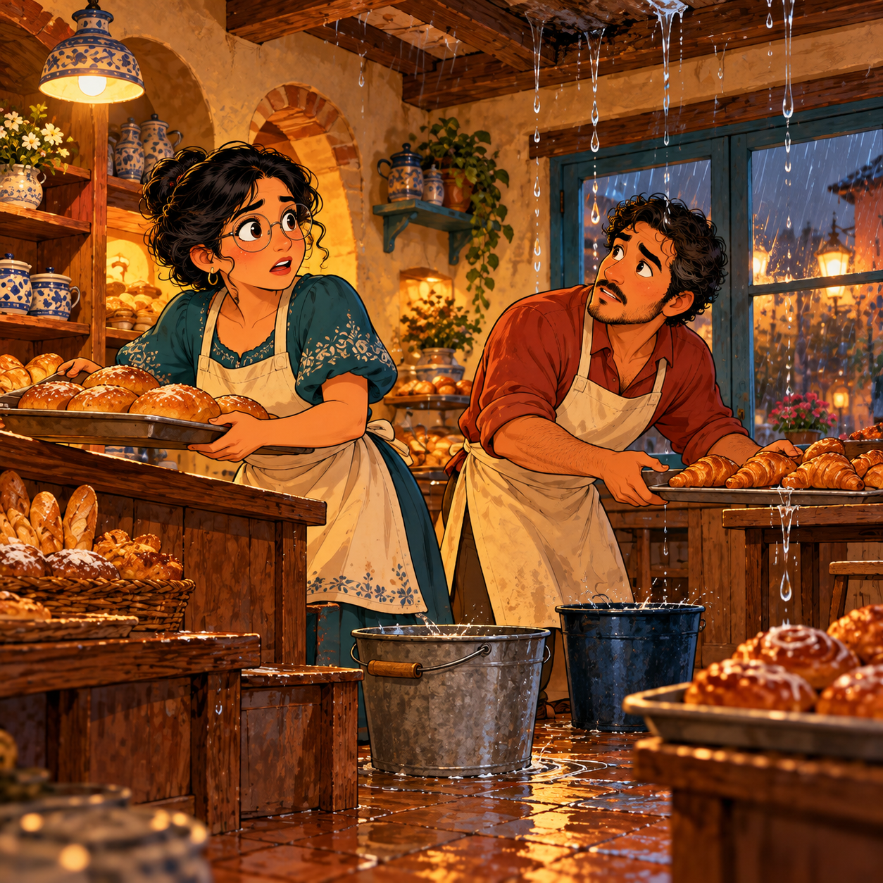 That night, rain leaked through the roof. Elena and Mateo moved the trays to keep the bread dry.